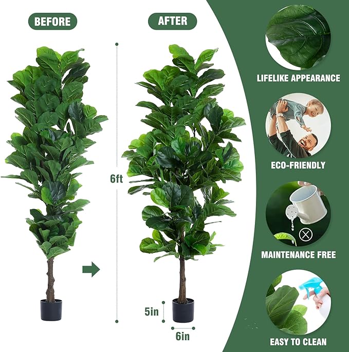 Fiddle Leaf Fig Tree 6ft Tall Artificial Tree in Plastic Pot Fake Ficus Lyrata Plants with 184 Decorative Fiddle Leaves Faux Fig Trees for Home Office Living Room Decor Indoor Outdoor