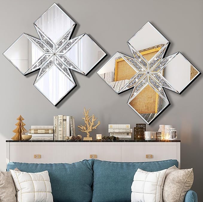 Crushed Diamond Decorative Mirror 22.25x22.25” Diamond Shape Glass Wall Mirror for Home Decoration, Exquisite Accent Wall Decor