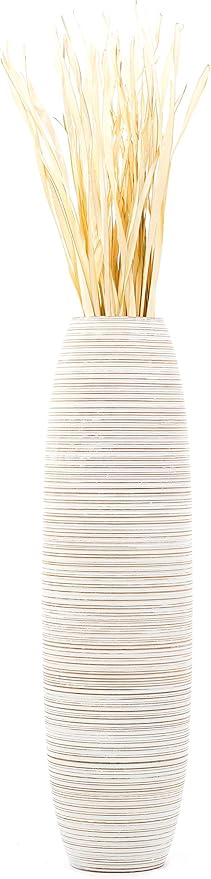 Leewadee Large White Wash Home Decor Floor Vase – Wooden 41 inches Tall Farmhouse Decor Flower Holder for Fake Plant and Pampas Grass