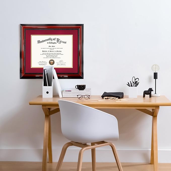 11x14 Diploma Degree Frame with Red Mat or Display 15x18 Certificates without Mat,Solid Wood,Cherry Finish with Intricate Black Rope Detail,UV Protection Acrylic