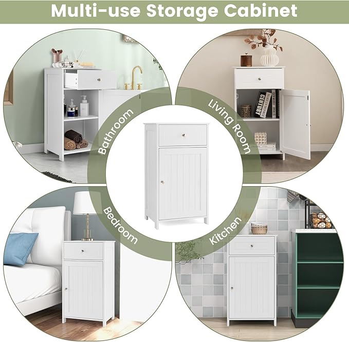 Tangkula Small Bathroom Cabinet for Small Spaces, Freestanding Single Door Bathroom Storage with Adjustable Shelf, Anti-Tipping Device, Smooth Drawer, Floor Cabinet for Living Room