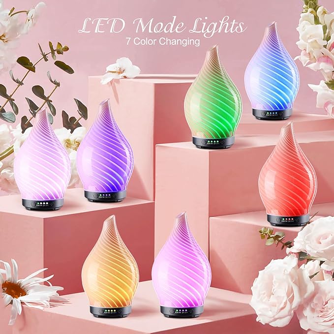 Porseme 150ml Essential Oil Diffuser Glass Color Changing Aroma Air Diffusers Aromatherapy Ultrasonic Cool Mist Humidifier 6 Running Hours Waterless Auto-Off for Sleeping Yoga Office Spa (Pure Pink)