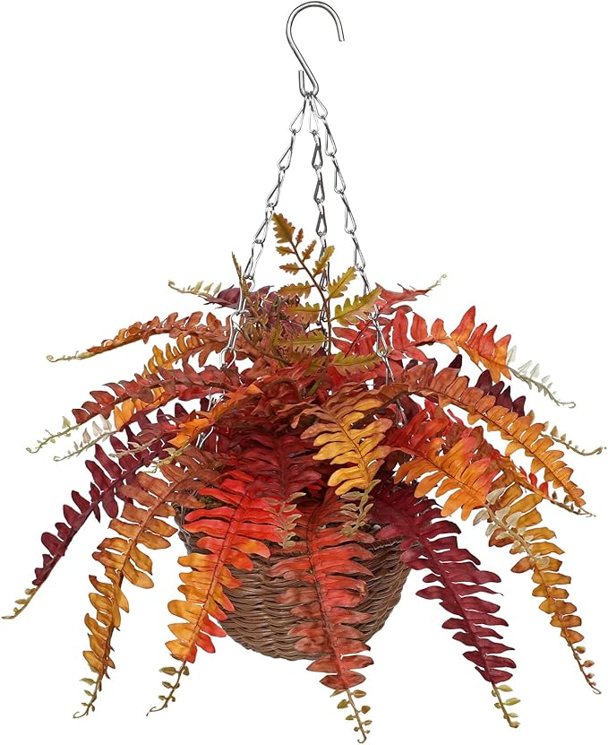 Hollyone Fall Hanging Baskets Small Artificial Fern Orange 21 Leaves Fall Hanging Decor Plant Boston Ferns Silk Plants with Brown Rattan Baskets Outdoors Indoor Fake Fern Autumn Decorations for Home