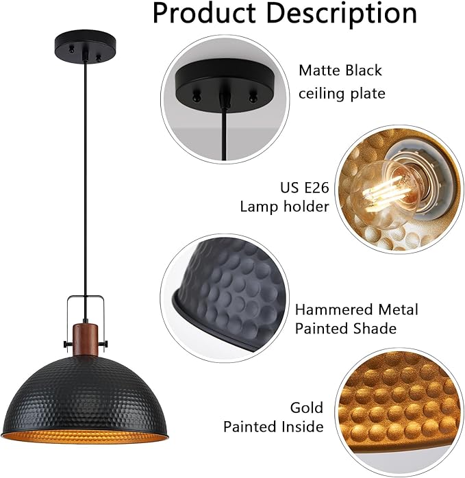 16 Inch Black Pendant Lights Hammered Matte Pendant Lights for Kitchen Island Industrial Farmhouse Adjustable Height Dome Hanging Light Fixtures for Barn, Dining Room 1 Pack