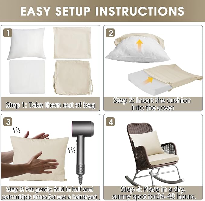 Outdoor Seat Cushion Set 24 x 24 In, Water-Resistant & Fade-Resistan, Patio Furniture Cushions with Removable Cover Deep Seat & Back Cushion with Handle and Adjustable Straps for Chair Sofa,4PC