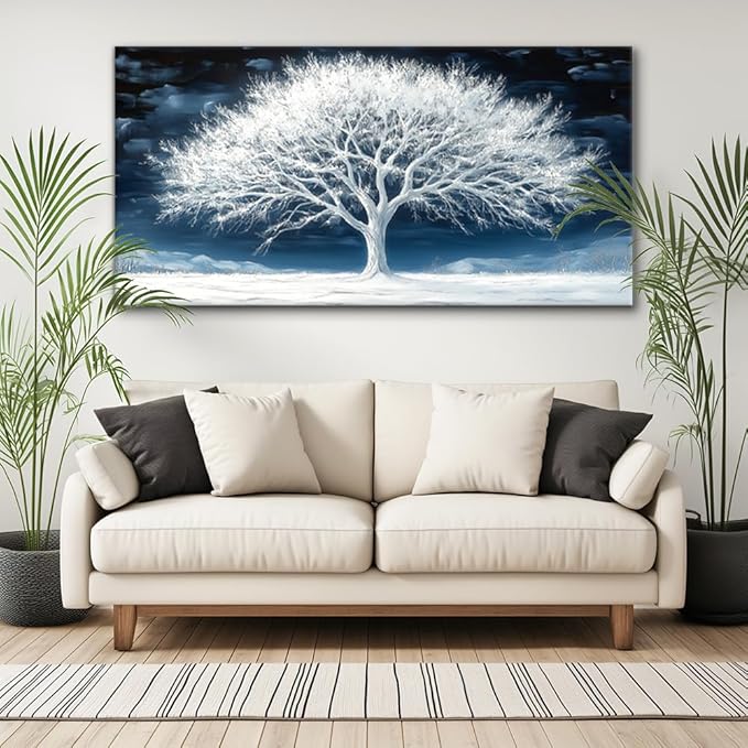 Calming Tree of Life Wall Art for Living Room Office Navy Blue Snow White Canvas Painting Prints Nature Artwork Family Bedroom Decor (20x40 Inches)