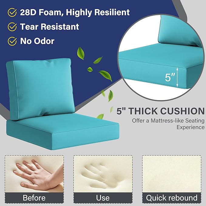 UIXE Outdoor Deep Seat Cushion Set with Slipcovers, Patio Furniture Cushions & Back Pillow, Water-Resistant Outdoor Cushion Slipcovers Backyard Sectional Sofa Cushions for Bistro Chair - Teal Blue