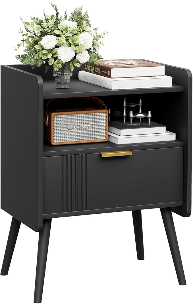 Night Stand Modern End Table with Storage Drawer and Open Shelf, Small Bedside Stand, Wooden Sofa Side Table for Bedroom,Study Room and Small Spaces (Black)