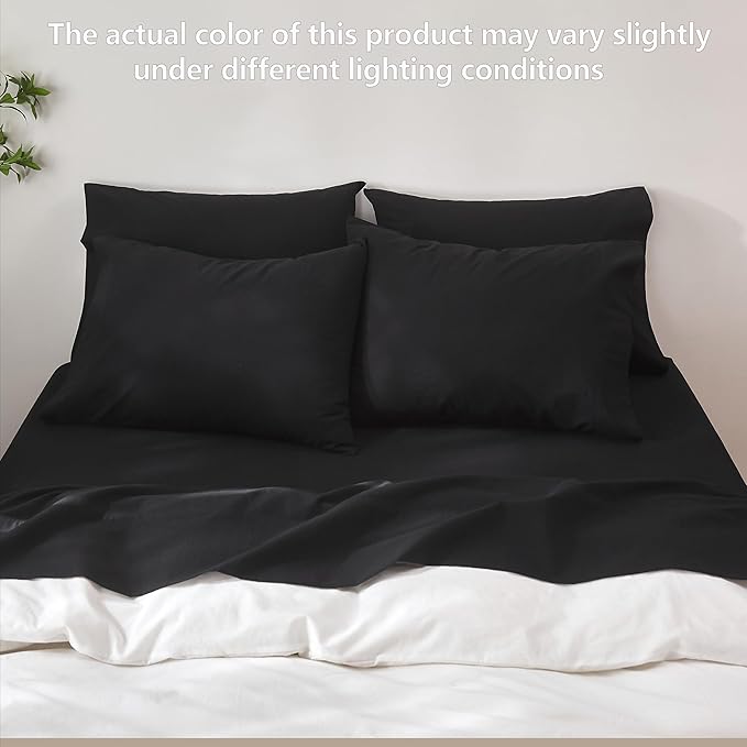 100% Cotton 6-Piece Queen Size 102" x 90" Bedding Set - Fitted Sheet, Flat Sheet & 4 Pillowcases with 17" Deep Pocket,Soft Breathable Bed Sheets for Cozy Sleep,Black