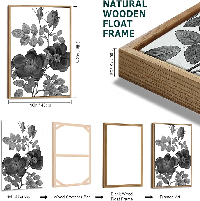 Large Framed Canvas Wall Art - Natural Float Framed Black Gray Flowers Pictures Decor Simple Blossom Leaves Botanical Artwork for Living Room Bedroom Kitchen Home Office Decoration 48" X 24" Set of 3