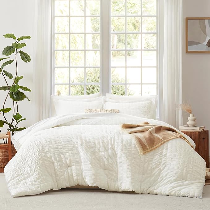 CozyLux Queen Comforter Set Ivory Seersucker 7 Pieces Bed in a Bag Queen Comforter Set with Sheets, Luxury Soft Bedding Set with Down Alternative Comforter, Sheets, Pillowcases & Shams for All Seasons