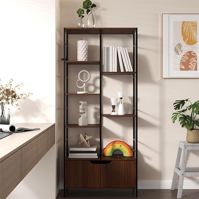 Bookshelf with Doors, 6-Tier Shelf with Storage Cabinet, 67" Tall Open Bookcase for Display, Industrial Retro Bookcase, Freestanding Storage Organizer Bookshelf for Living Room, Brown