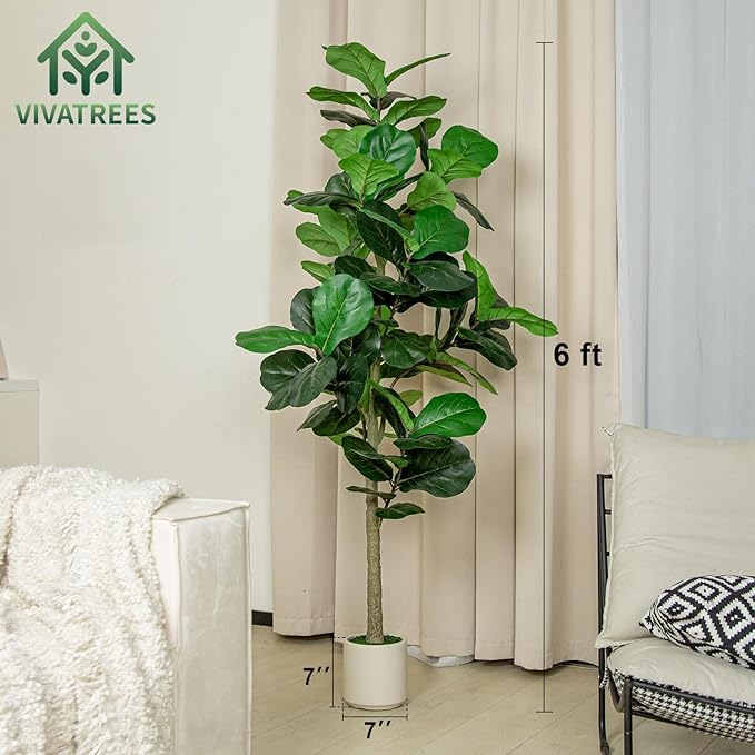6FT Faux Fiddle Leaf Fig Tree with 7 inch White Planter Pot, Artificial Floor Plant, Indoor and Outdoor Fake Plants for Home Office Decor