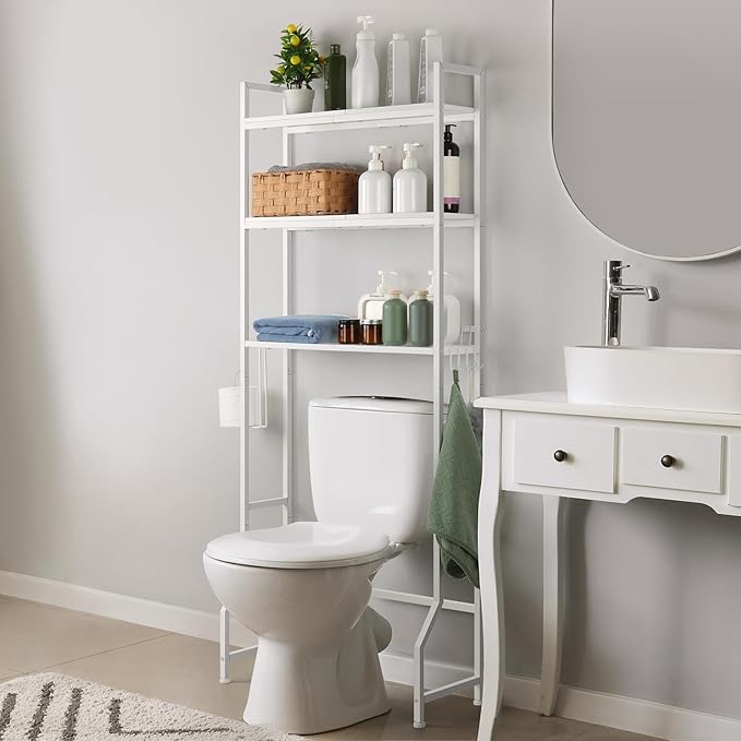 Over The Toilet Storage Rack 3 Tier Over Toilet Bathroom Organizer Wooden Behind The Toilet Storage Standing Shelf with 4 Hooks and Toilet Paper Holder, Space Saver, White