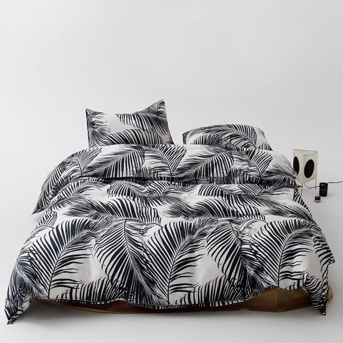Pureant Boho Black Botanical Bedding Set - Full Comforter, Feather Quilts, Rustic Palm Leaves, Tropical Bohemian Black Floral Pattern