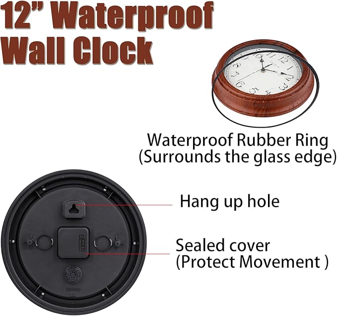 Wall Clock, Wood Grain Vintage Retro Decorative Battery Operated Waterproof Wall Clocks for Kitchen Bathroom Living Room Home Decor,12 Inch Brown