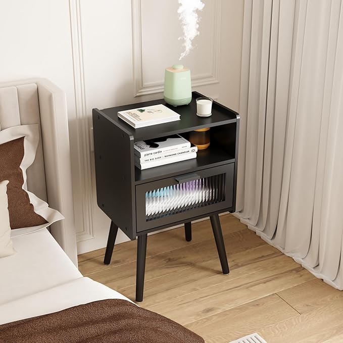 SOOWERY Mid Century Modern Nightstand, Side Table with Storage, Bedside Tables with Acrylic Drawer, End Table with Solid Wood Legs for Bedroom, Living Room and Small Spaces, Black