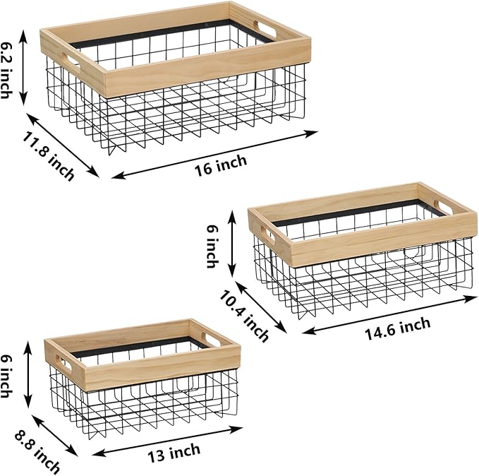 Set of 3 Metal Wire Baskets for Organizing Wood Top with Handles Storage Organizer Farmhouse Decor for Kitchen Cabinets Pantry Laundry Room Bathroom Closets Nesting Countertop Baskets