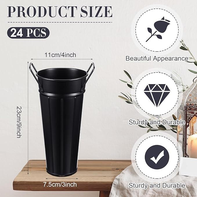 Lallisa 24 Pcs Metal Vases 9 Inch Galvanized French Farmhouse Flower Buckets with Handles and Hemp Rope, Vintage Style Flower Containers for Country Wedding Party Table Centerpiece Decor(Black)