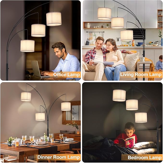 DLLT Modern Floor Lamp for Room: 3-Light Black Tree Dimmable Floor Lamps with Gray Shades for Living Room - Arc Standing Lamp for Bedroom - Tall Floor Lamp for Office Corner 3 LED Bulbs Included