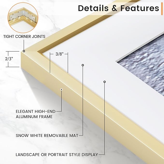 16x20 inch Metal Picture Frame - 16 x 20 Thin Aluminum Photo Frames with 11x14 Removable Mat - High Definition Plexiglass - Vertical and Horizontal Display - Wall Hook Hanging Hardware Included - Gold, Set of 4