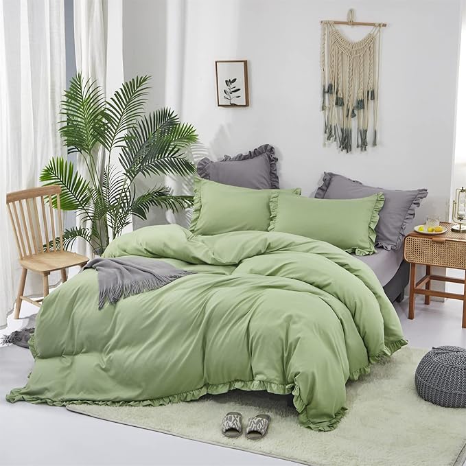 Luxlovery Sage Green Ruffle Comforter Set Full Boho Bedding Set Ruffled Farmhouse Boho Solid Blanket Quilts Aloe Green Bedding Set for Women Men
