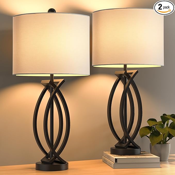 26" Industrial Table Lamps Set of 2, 3-Way Dimmable Farmhouse Nightstand Lamps Black Metal Bedside Lamps with White Shade for Living Room Bedroom, End Table Desk Lamp for Home Office