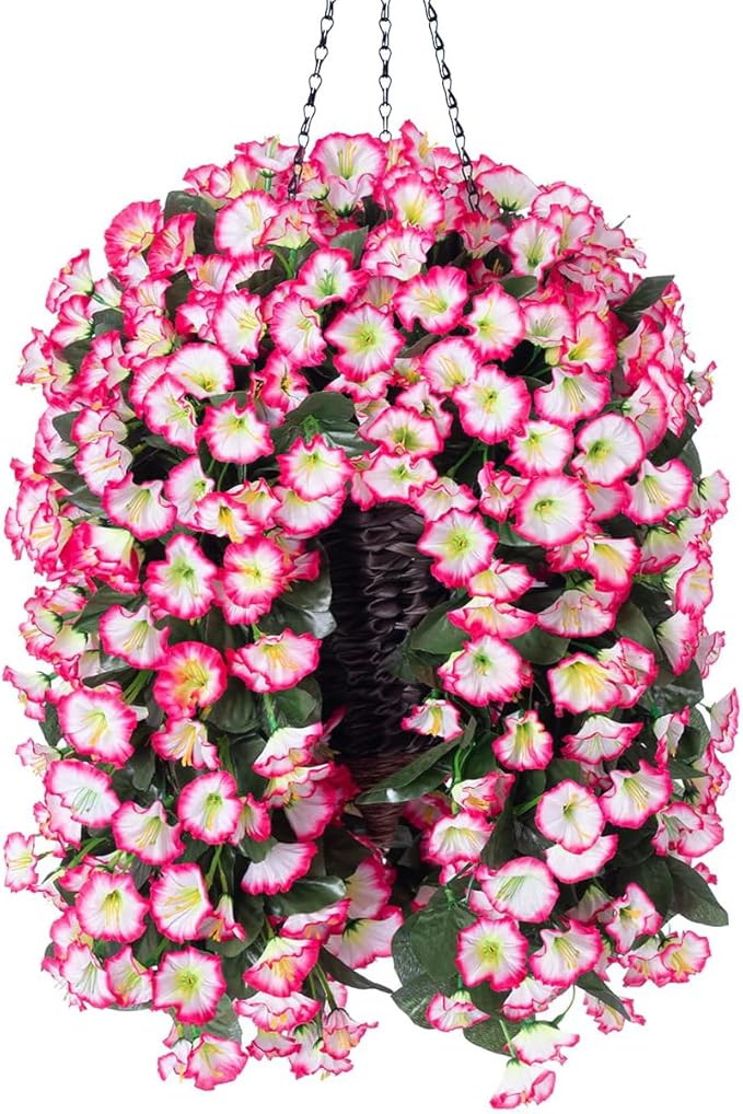 Artificial Hanging Flowers in Basket Fake Plant for Outside, Silk Pink Morning Glory Flower Arrangement for Outdoor Decor, UV Resistant Realistic Floral Planter for Porch Patio Balcony