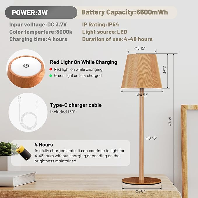 Maksone 2 Pack LED Cordless Table Lamp, 6600mWh Rechargeable Battery Desk Lamp, 3000K Stepless Dimming Night Light, IP54 Waterproof Metal Outdoor Portable Lamp for Bedroom, Restaurant(Wood Grain)