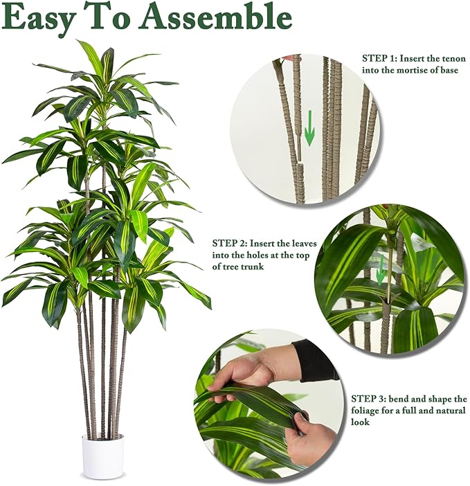 Artificial Dracaena Tree Indoor, 6FT Tall Faux Tree with Natural Wood Trunk and Lifelike Leaves, Tall Artificial Plants Indoor, Fake Plants for Home, Office, Living Room Decor