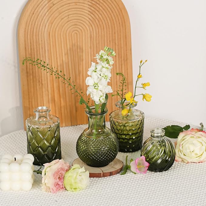 Mini Bud Vases As Wedding Centerpieces for Tables,Clear Bud Vases for Flowers,Small Flower Vases Suitable for Birthday Party,Anniversary,Wedding Reception,Baby Shower (Dark Green, 12PCS)