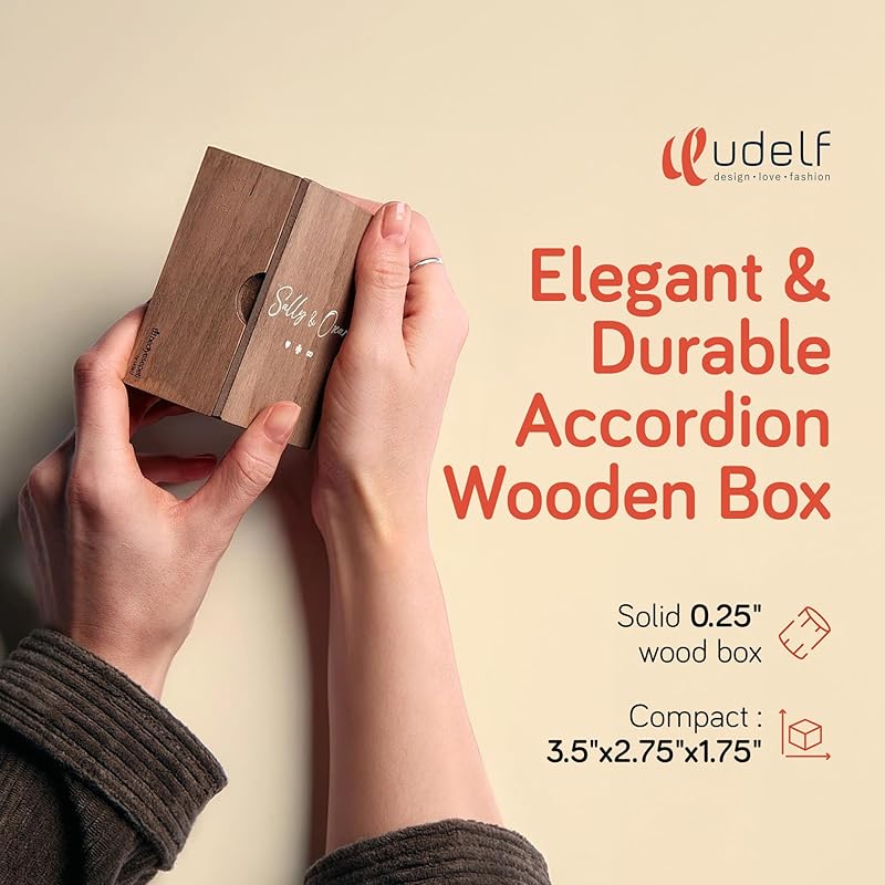 udelf Personalized Wooden Photo Box Gift with Accordion Picture Pull Out - Custom Gifts, Wedding Keepsake Box, Anniversary Box, Picture Box Gift - Holds 14 Photo Prints, 3"x2" (Romantic-Vertical)