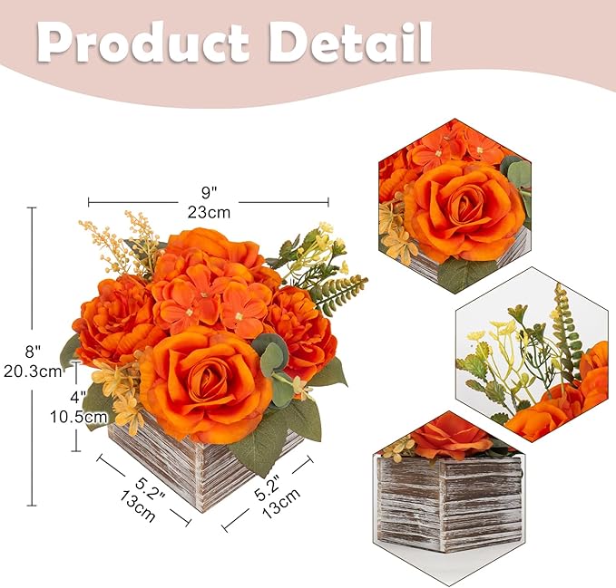 Flower Arrangement with Wooden Vase 8" Artificial Flowers in Pot - Fake Flowers Roses Peonies Hydrangeas in Wooden Vase Potted Artificial Flower Centerpieces for Table Decor Living Room - Burnt Orange