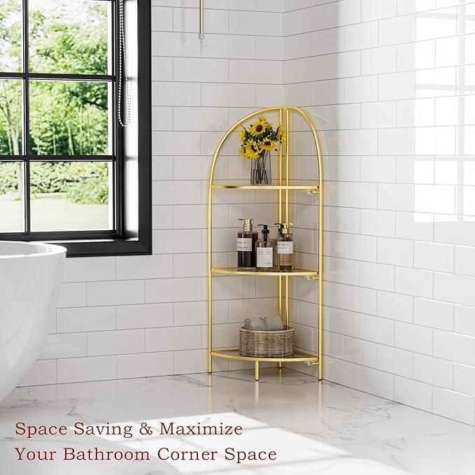 Crofy Foldable 3 Tier Corner Shelf, Metal Corner Plant Stand with Gold Frame and Transparent Shelves, Corner Display Rack Multipurpose Shelving Unit for Living Room, Bedroom, Bathroom
