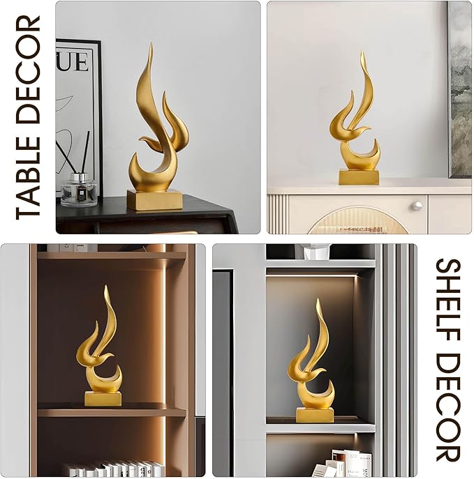 FJS Gold Decor Modern Flame Statue Decorations for Living Room, 15.3" H Resin Sculptures Home Décor Accents, Abstract Art Sculpture for Shelf Dining Room Office Coffee Table Centerpiece