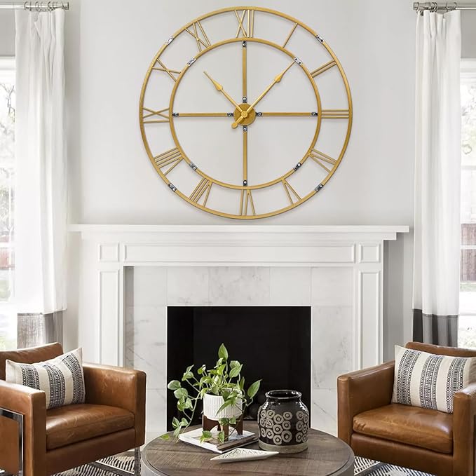 Large Wall Clock for Living Room Decor – 40 Inch Silent Non-Ticking Modern Farmhouse Wall Clock, Oversized Decorative Metal Roman Numeral Clock, Gold