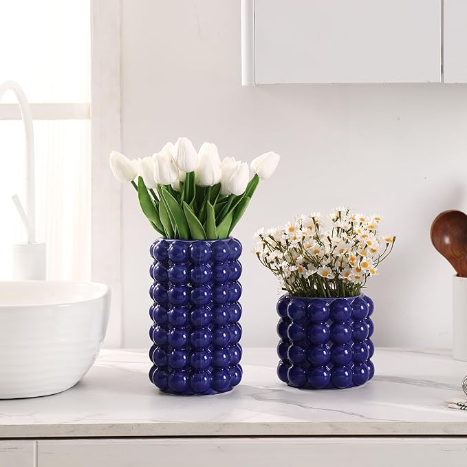 Bubble Vases, Set of 2 Blue Ceramic Vases, Short Vases, Ceramic Flower Vases, Unique Vases, Tall Bubble Vases for Coffe Table Decor, Decorative Vases for Living Room, Dining Table, Wedding