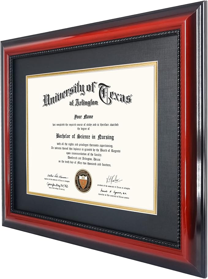 11x14 Diploma Degree Frame with Mat or Display 15x18 Certificates without Mat,Solid Wood,Cherry Finish with Intricate Black Rope Detail,UV Protection Acrylic