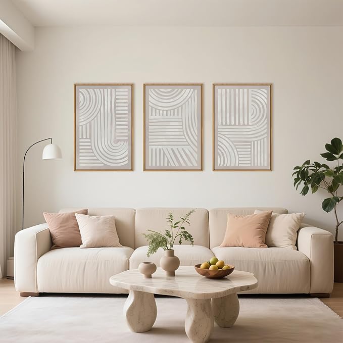 Large Abstract Neutral Geometric Framed Canvas Wall Art,Boho Minimalist Shapes Wall Decor,Modern Lines Artwork,Mid Century Arch Art Print for Living Room,Bedroom,Office-24 x36 x3