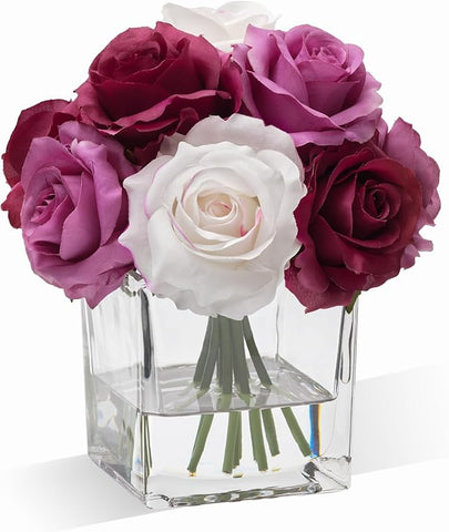 WELL KNOWN Rose Artificial Flowers in Vase with Faux Water, Silk Rose Table Centerpieces for Home Coffee Table Decor, Fake Roses Flower Arrangements for Office Hotel Lavatory Decor (Purple & White)
