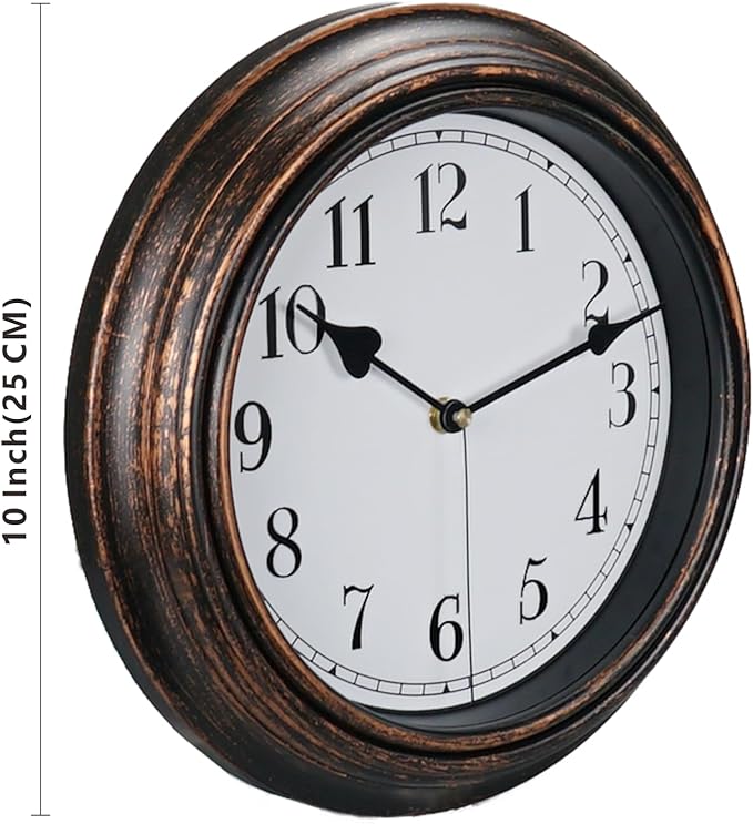 Retro Wall Clock, 10'' Vintage Silent Non Ticking Classic Clocks, Easy to Read, Quality Quartz Clock Battery Operated, Decorative Bedroom, Kitchen, Office