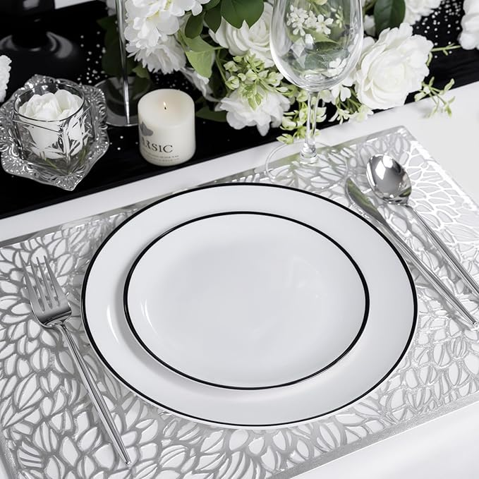 LIYH 120 Pcs White Plastic Plates with Black Rim - Disposable Plates Dishes for Party Wedding Includes 60 Dinner Plate 10.25" 60 Dessert Plate 7.5" for Party Birthdays 60 Guests