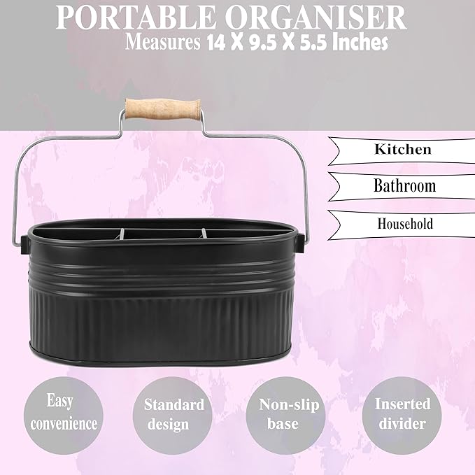 Alpha Living Home Galvanized Utensil Caddy with Handle, 4-Compartment Flatware Organizer for Kitchen Counter, Buffet, BBQ, Picnic, Party – Rustic Farmhouse Style, Matte Black Metal Storage Bin