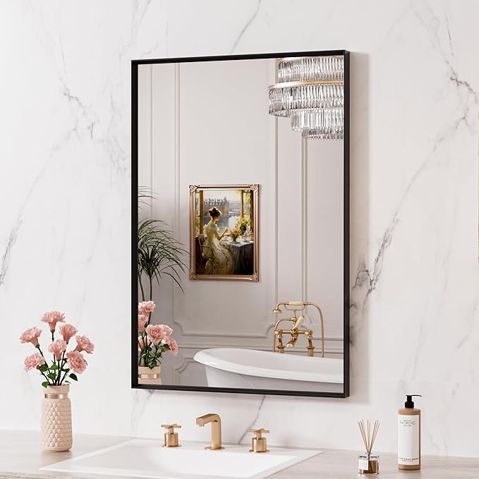 LOAAO Black Bathroom Mirror 28"X32" for Wall, Rectangle Bathroom Vanity Mirror, Hangs Vertically or Horizontally, Easy to Install, Modern Design