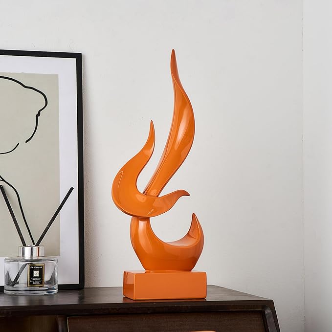 FJS Orange Decor Modern Flame Statue Decorations for Living Room, 15.3" H Resin Sculptures Home Décor Accents, Abstract Art Sculpture for Shelf Dining Room Office Coffee Table Centerpiece