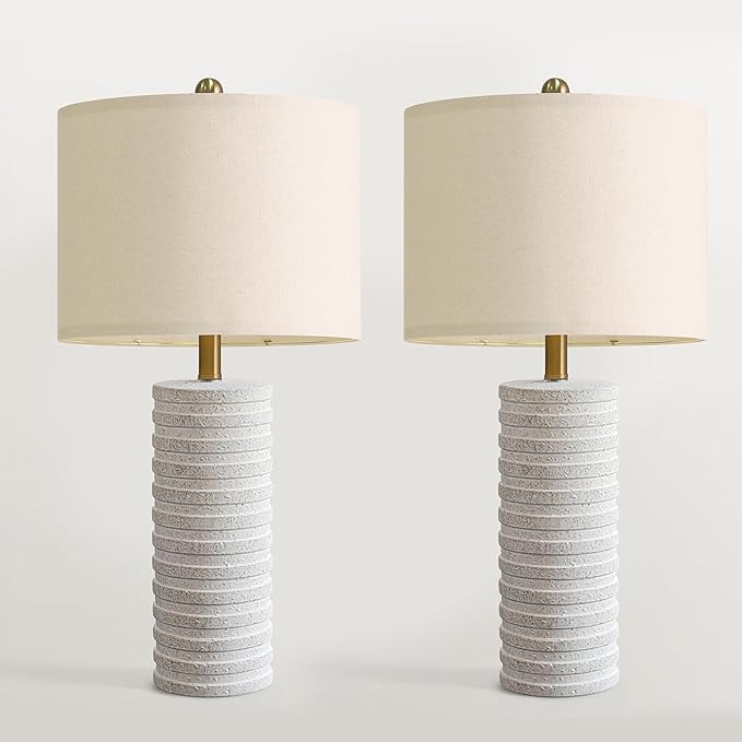 PoKat 27" Farmhouse Ceramic Table Lamps Set of 2 for Bedroom, Stone-Like Rustic Nightstands Lamps for Night Stands, Distressed Neutral Bedside Lamps with Natural Textured for Living Room, Home Decor