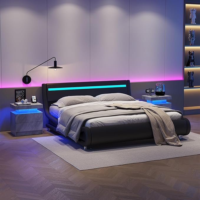 LED End Table, Modern Bedside Table with Storage, 20.5" Tall End Tables Bedroom Set of 2 with 2 Drawers, LED Furniture for Bedroom, Living Room, and Playroom, All Grey