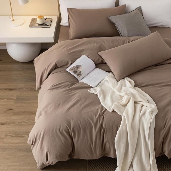 JIYUAN 100% Washed Cotton Duvet Cover Set 3 PCS Super King Plus, 1 Duvet Cover 120x120 Inches(Comforter Not Included) and 2 Pillowcases,Linen Feel Bedding Set Comfy and Breathable,Light Brown