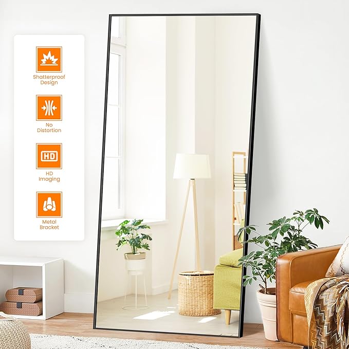 Full Length Mirror, 75"x35" Standing Floor Full Body Mirror for Wall with Aluminum Alloy Frame for Bedroom, Living Room, Dressing Room(Black)