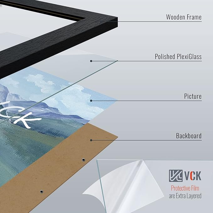 VCK 13x19 Picture Frame Set of 4 - Black, Gallery-Quality Wood Poster Frames, 1.1-Inch Wide Border, Polished Plexiglass, Vertical or Horizontal Wall Display for Photo/Art/Prints, Black